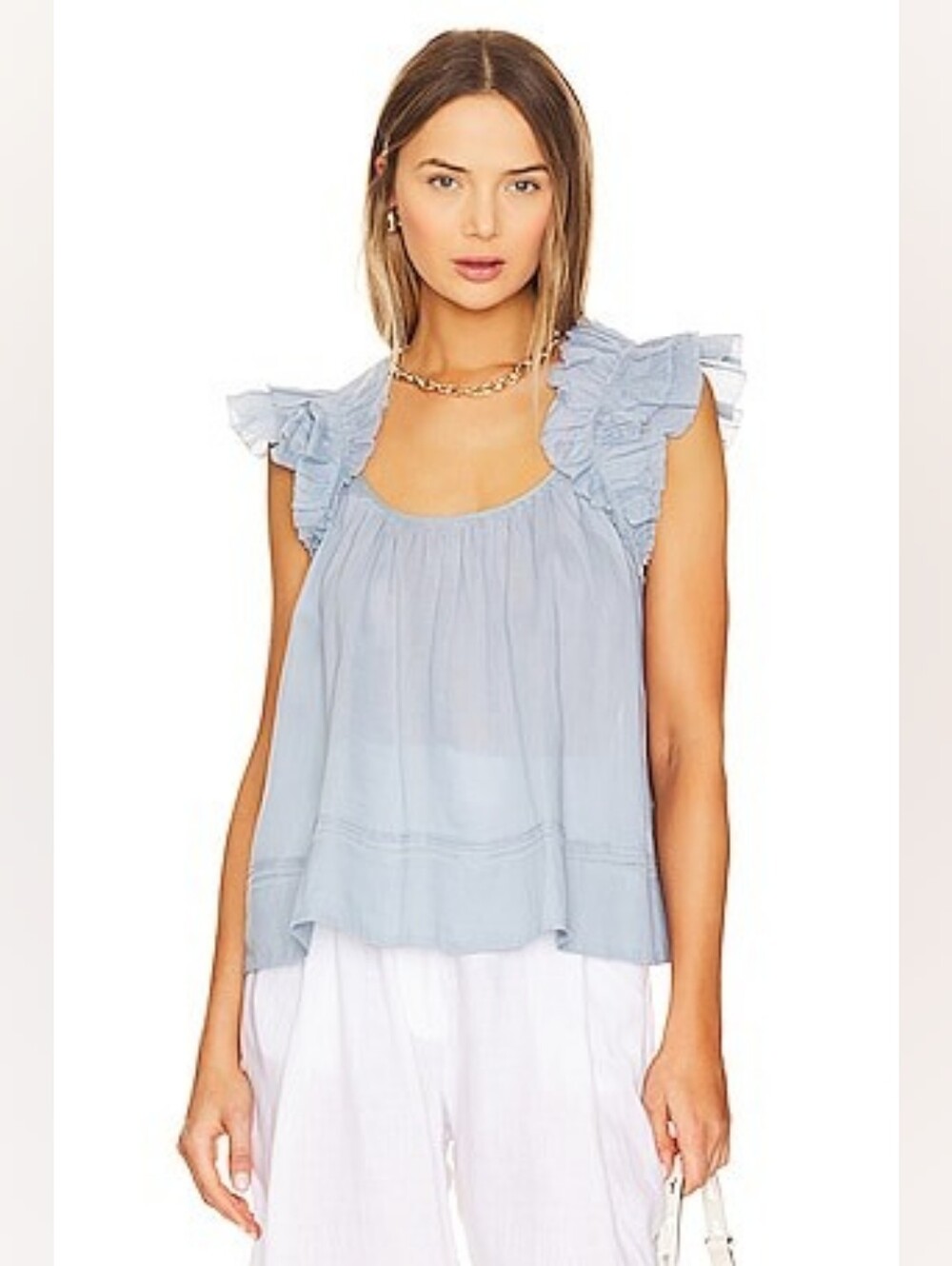 THE GREAT. Dove top in Cornflower Light Blue Ruffle-Sleeve Cotton Camisole